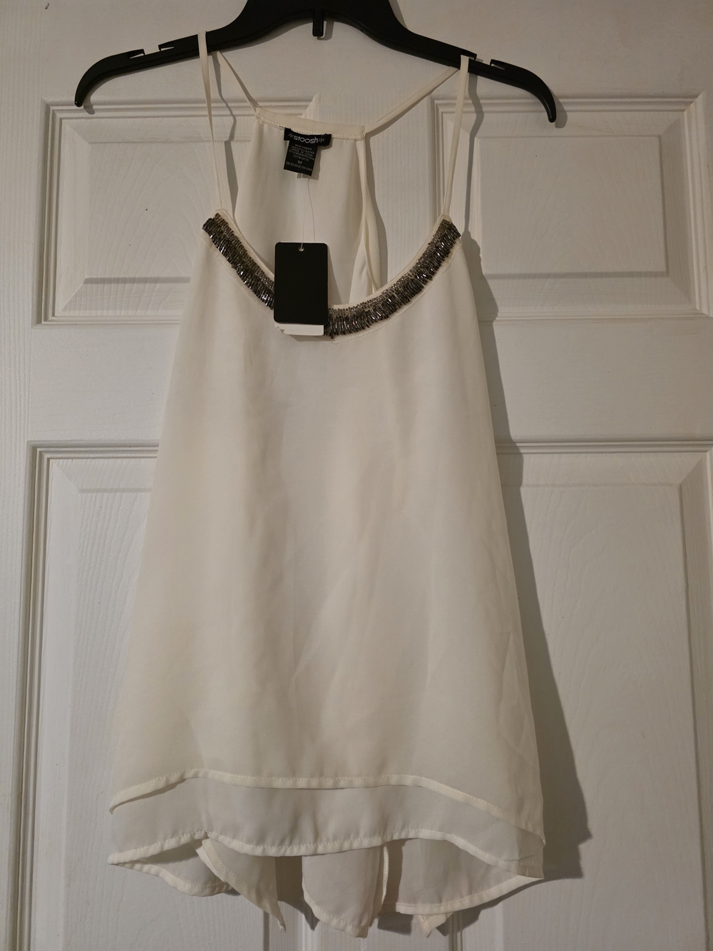 Stoosh White Sleeveless Beaded Neckline Blouse